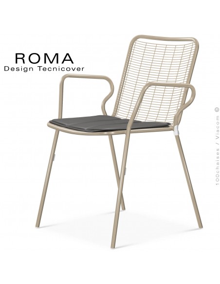 Fauteuil repas d'extérieur ROMA, structure acier galvanisé peint beige avec accoudoirs et coussin couleur gris foncé.