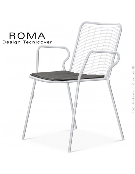 Fauteuil repas d'extérieur ROMA, structure acier galvanisé peint blanc avec accoudoirs, avec coussin couleur gris foncé.