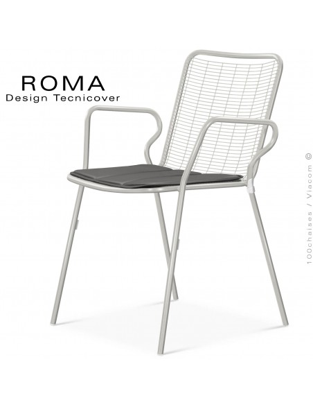Fauteuil repas d'extérieur ROMA, structure acier galvanisé peint blanc perle avec accoudoirs, avec coussin couleur gris foncé.