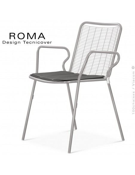 Fauteuil repas d'extérieur ROMA, structure acier galvanisé peint gris Tourterelle avec accoudoirs, avec coussin gris foncé.