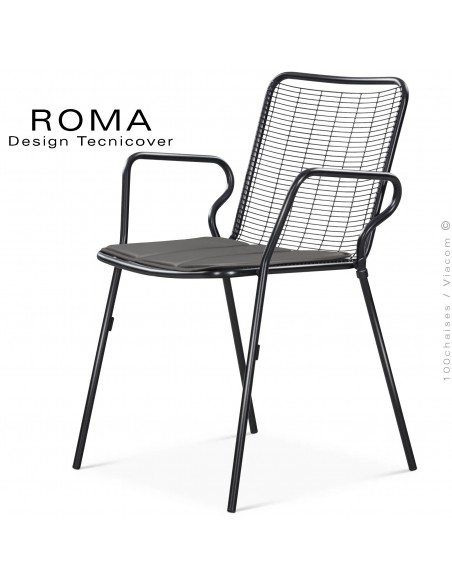 Fauteuil repas d'extérieur ROMA, structure acier galvanisé peint noir avec accoudoirs, avec coussin couleur gris foncé.