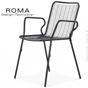 Fauteuil repas d'extérieur ROMA, structure acier galvanisé peint noir avec accoudoirs.