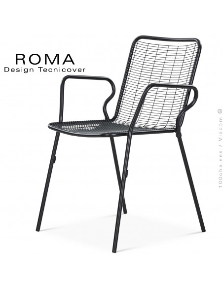 Fauteuil repas d'extérieur ROMA, structure acier galvanisé peint noir avec accoudoirs.
