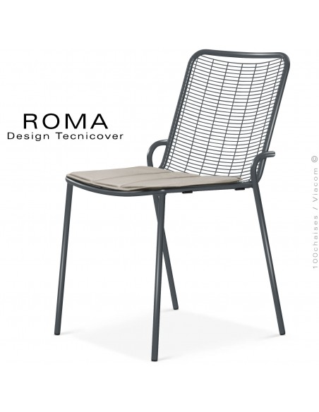 Chaise repas d'extérieur ROMA, structure acier galvanisé peint anthracite avec coussin couleur argile.