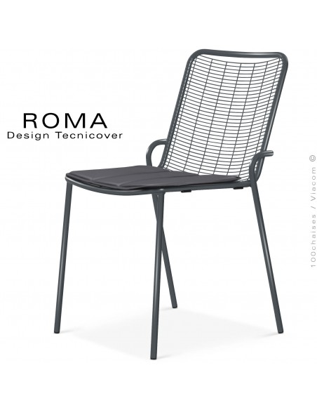 Chaise repas d'extérieur ROMA, structure acier galvanisé peint anthracite avec coussin couleur gris foncé.