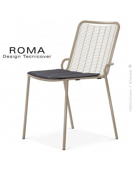 Chaise repas d'extérieur ROMA, structure acier galvanisé peint beige avec coussin couleur gris foncé.