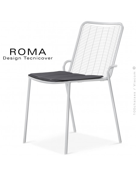 Chaise repas d'extérieur ROMA, structure acier galvanisé peint blanc, avec coussin couleur gris foncé.