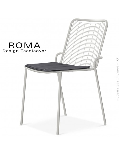 Chaise repas d'extérieur ROMA, structure acier galvanisé peint blanc perle, avec coussin couleur gris foncé.