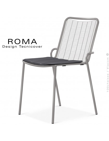 Chaise repas d'extérieur ROMA, structure acier galvanisé peint gris Tourterelle, avec coussin couleur gris foncé.