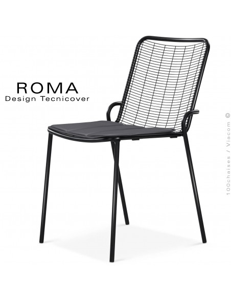 Chaise repas d'extérieur ROMA, structure acier galvanisé peint noir, avec coussin couleur gris foncé.