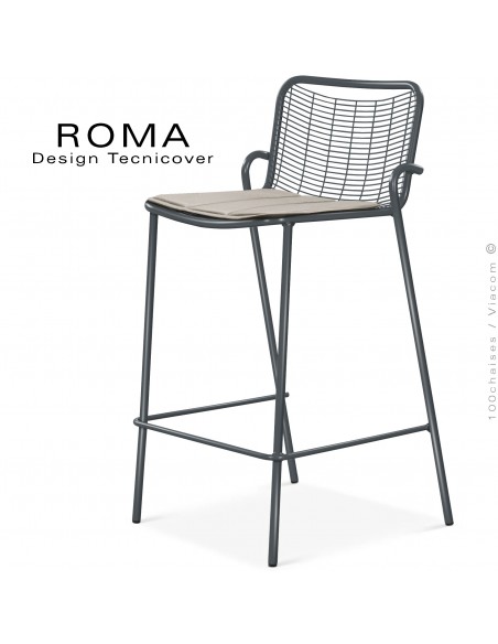 Tabouret de bar d'extérieur ROMA, structure acier galvanisé peint anthracite, assise avec coussin couleur argile.