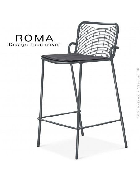 Tabouret de bar d'extérieur ROMA, structure acier galvanisé peint anthracite, assise avec coussin couleur gris foncé.