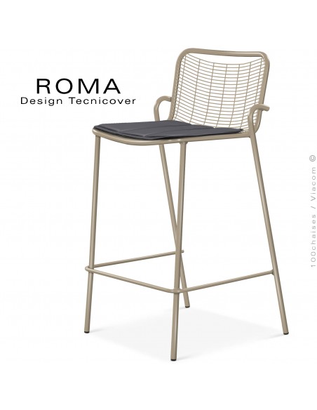 Tabouret de bar d'extérieur ROMA, structure acier galvanisé peint beige, assise avec coussin couleur gris foncé.