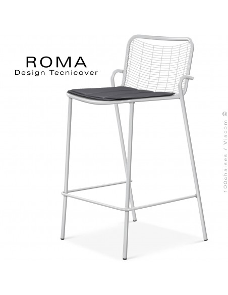 Tabouret de bar d'extérieur ROMA, structure acier galvanisé peint blanc, assise avec coussin couleur gris foncé.