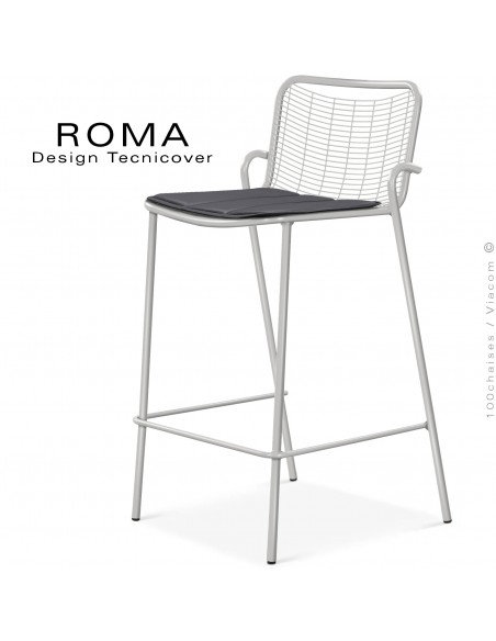 Tabouret de bar d'extérieur ROMA, structure acier galvanisé peint blanc perle, assise avec coussin couleur gris foncé.