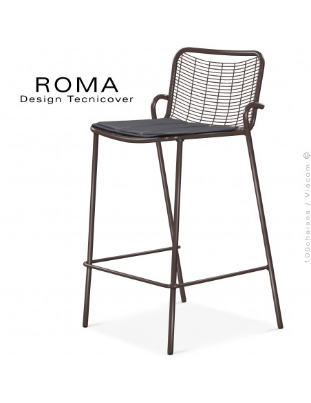 Tabouret de bar d'extérieur ROMA, structure acier galvanisé peint bronze, assise avec coussin couleur gris foncé.