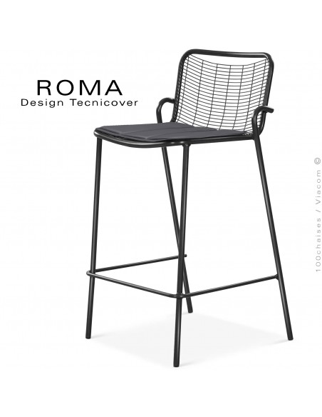 Tabouret de bar d'extérieur ROMA, structure acier galvanisé peint noir, assise avec coussin couleur gris foncé.