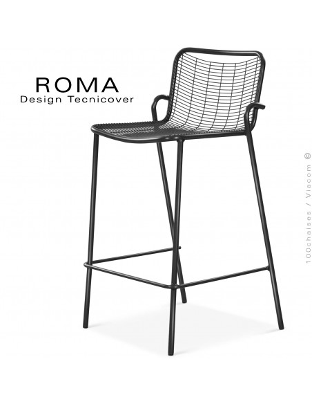 Tabouret de bar d'extérieur ROMA, structure acier galvanisé peint noir.