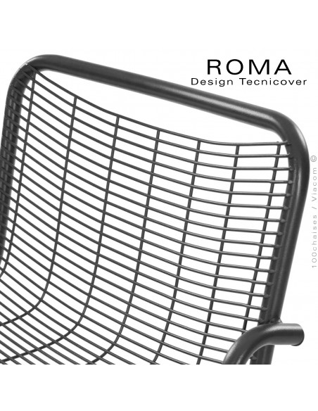 Tabouret de bar d'extérieur ROMA, structure acier galvanisé peint noir, détaille finition dossier.