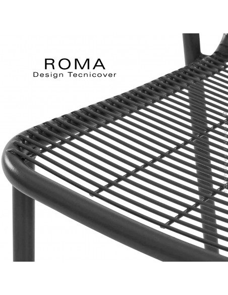 Tabouret de bar d'extérieur ROMA, structure acier galvanisé peint noir, détaille finition assise.
