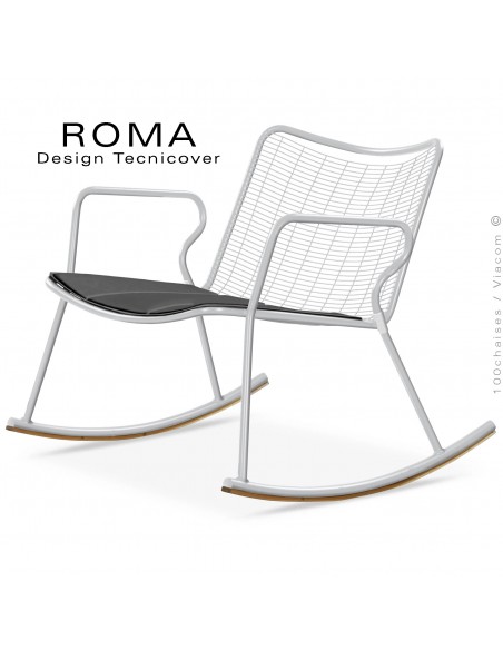Fauteuil à bascule lounge d'extérieur ROMA, structure acier peint blanc, assise fil d'acier avec coussin anthracite.