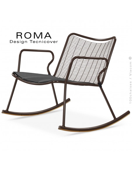 Fauteuil à bascule lounge d'extérieur ROMA, structure acier peint bronze, assise fil d'acier avec coussin anthracite.