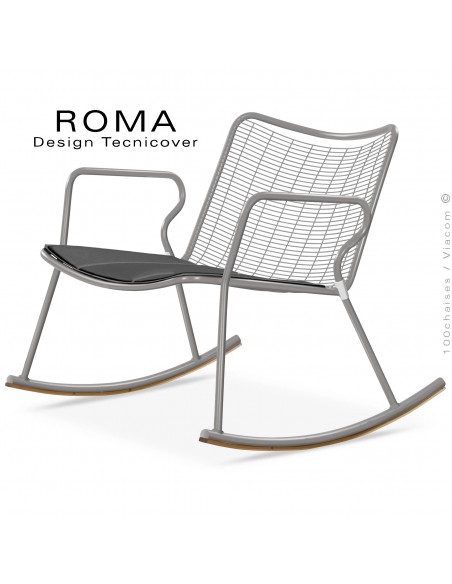 Fauteuil à bascule lounge d'extérieur ROMA, structure acier peint gris Tourterelle, assise fil d'acier avec coussin anthracite.