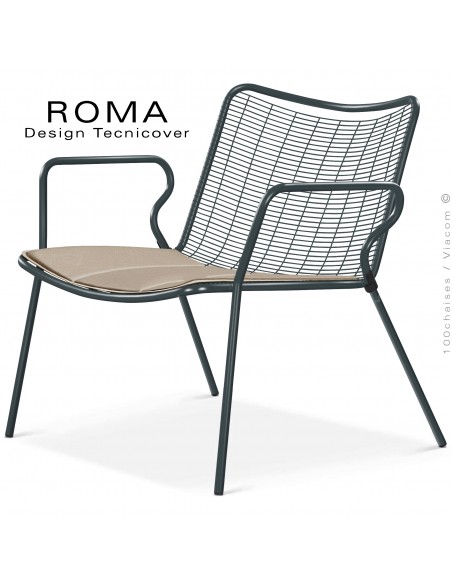 Fauteuil lounge d'extérieur ROMA, structure acier peint anthracite, assise et dossier en fil d'acier, avec coussin écru.