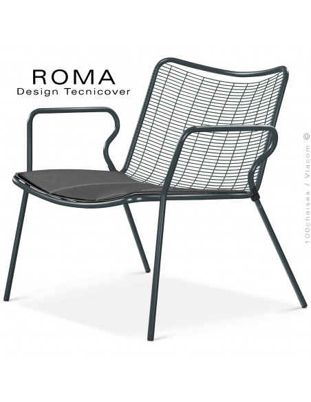 Fauteuil lounge d'extérieur ROMA, structure acier peint anthracite, assise en fil d'acier, avec coussin anthracite.