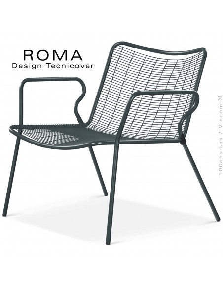Fauteuil lounge d'extérieur ROMA, structure acier peint anthracite, assise et dossier en fil d'acier.