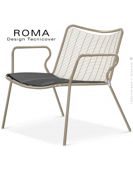 Fauteuil lounge d'extérieur ROMA, structure acier peint beige, assise et dossier en fil d'acier, avec coussin anthracite.