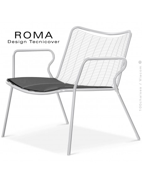 Fauteuil lounge d'extérieur ROMA, structure acier peint blanc, assise et dossier en fil d'acier, avec coussin anthracite.