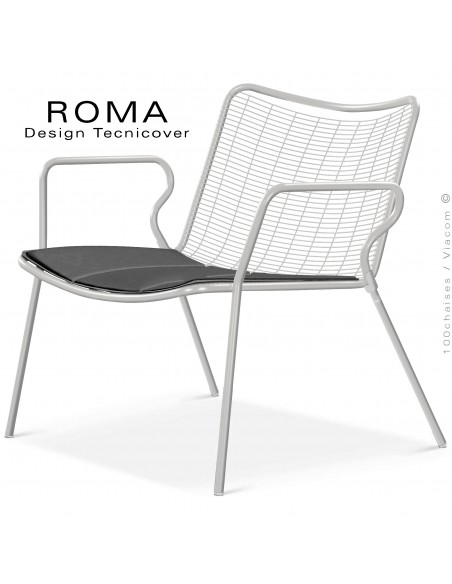 Fauteuil lounge d'extérieur ROMA, structure acier peint blanc perle, assise et dossier en fil d'acier, avec coussin anthracite.