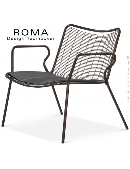 Fauteuil lounge d'extérieur ROMA, structure acier bronze, assise et dossier en fil d'acier, avec coussin anthracite.