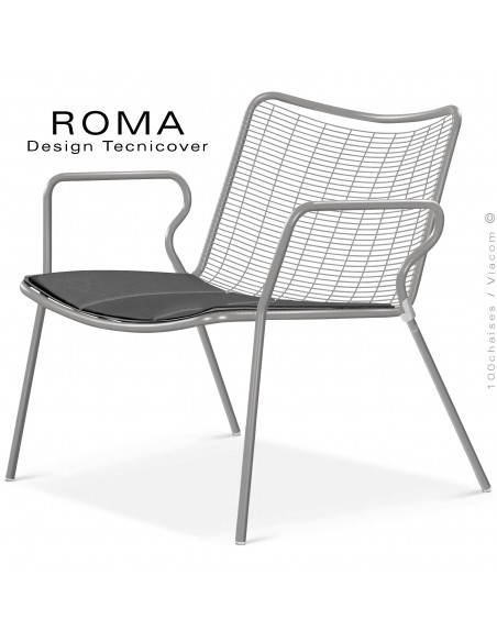 Fauteuil lounge d'extérieur ROMA, structure acier gris Tourterelle, assise en fil d'acier, avec coussin anthracite.
