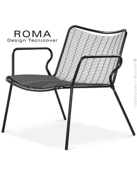 Fauteuil lounge d'extérieur ROMA, structure acier noir, assise et dossier en fil d'acier, avec coussin anthracite.