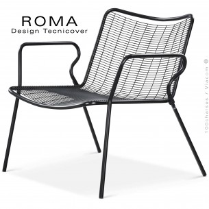 Fauteuil lounge d'extérieur ROMA, structure acier galvanisé peint noir, assise et dossier en fil d'acier.