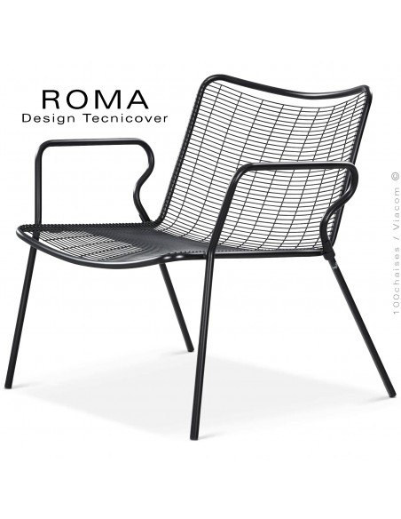 Fauteuil lounge d'extérieur ROMA, structure acier galvanisé peint noir, assise et dossier en fil d'acier.