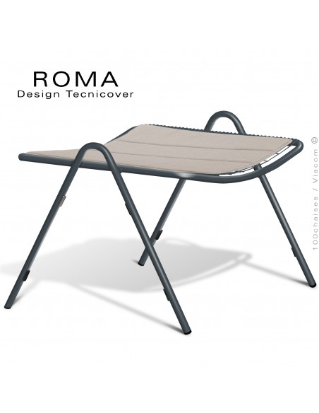 Repose pieds d'extérieur ROMA, structure acier galvanisé peint anthracite, assise en fil d'acier, avec coussin écru.