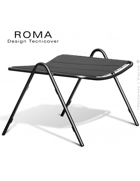 Repose pieds d'extérieur ROMA, structure acier galvanisé peint noir, assise en fil d'acier, avec coussin anthracite.