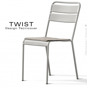 Chaise de bistrot d'extérieur TWIST, structure acier galvanisé peint blanc perle, assise avec coussin tissu hydrofuge argile.