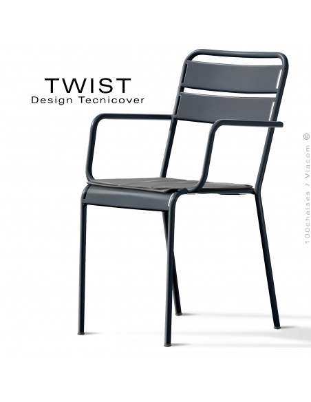 Fauteuil de bistrot TWIST, structure acier galvanisé peint anthracite, assise coussin housse, tissu gris foncé.