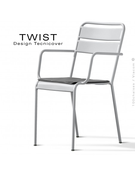 Fauteuil de bistrot TWIST, structure acier galvanisé peint blanc, assise coussin housse, tissu gris foncé.