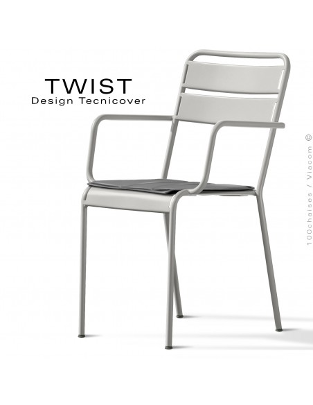 Fauteuil de bistrot TWIST, structure acier galvanisé peint blanc perle, assise coussin housse, tissu gris foncé.