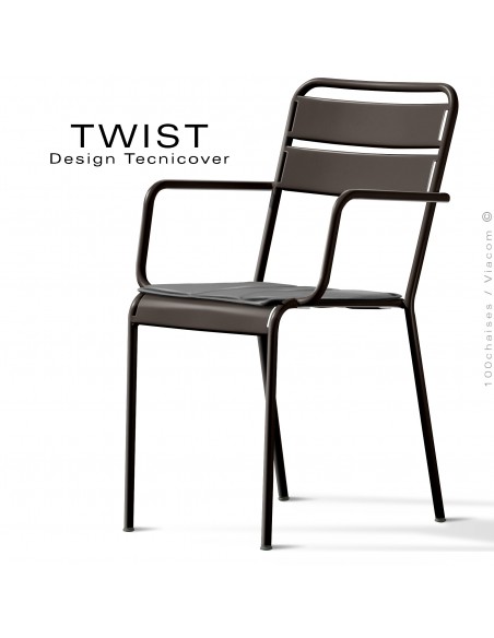 Fauteuil de bistrot TWIST, structure acier galvanisé peint bronze, assise coussin housse, tissu gris foncé.