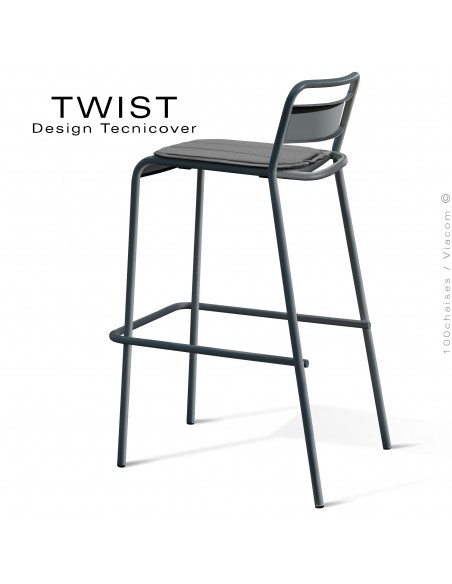 Tabouret de bar d'extérieur TWIST, structure acier galvanisé peint anthracite, assise coussin hydrofuge gris foncé.