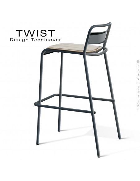 Tabouret de bar d'extérieur TWIST, structure acier galvanisé peint anthracite, assise coussin housse, tissu hydrofuge argile.