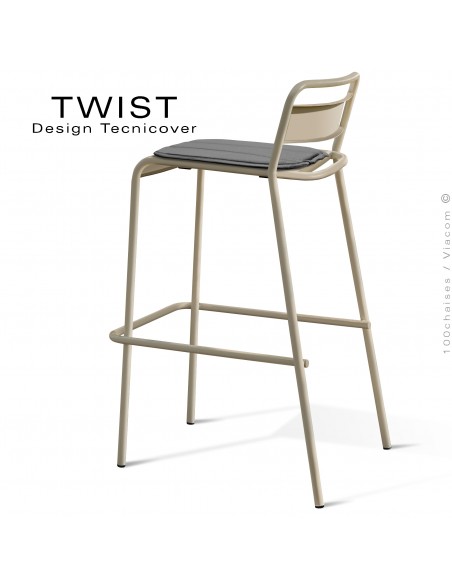 Tabouret de bar d'extérieur TWIST, structure acier galvanisé peint beige, assise coussin housse, tissu hydrofuge gris foncé.