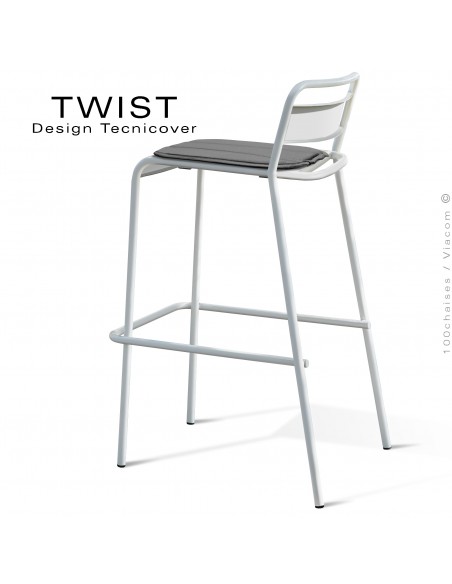 Tabouret de bar d'extérieur TWIST, structure acier galvanisé peint blanc, assise coussin housse, tissu hydrofuge gris foncé.
