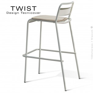 Tabouret de bar d'extérieur TWIST, structure acier galvanisé peint blanc perle, assise coussin housse, tissu hydrofuge argile.
